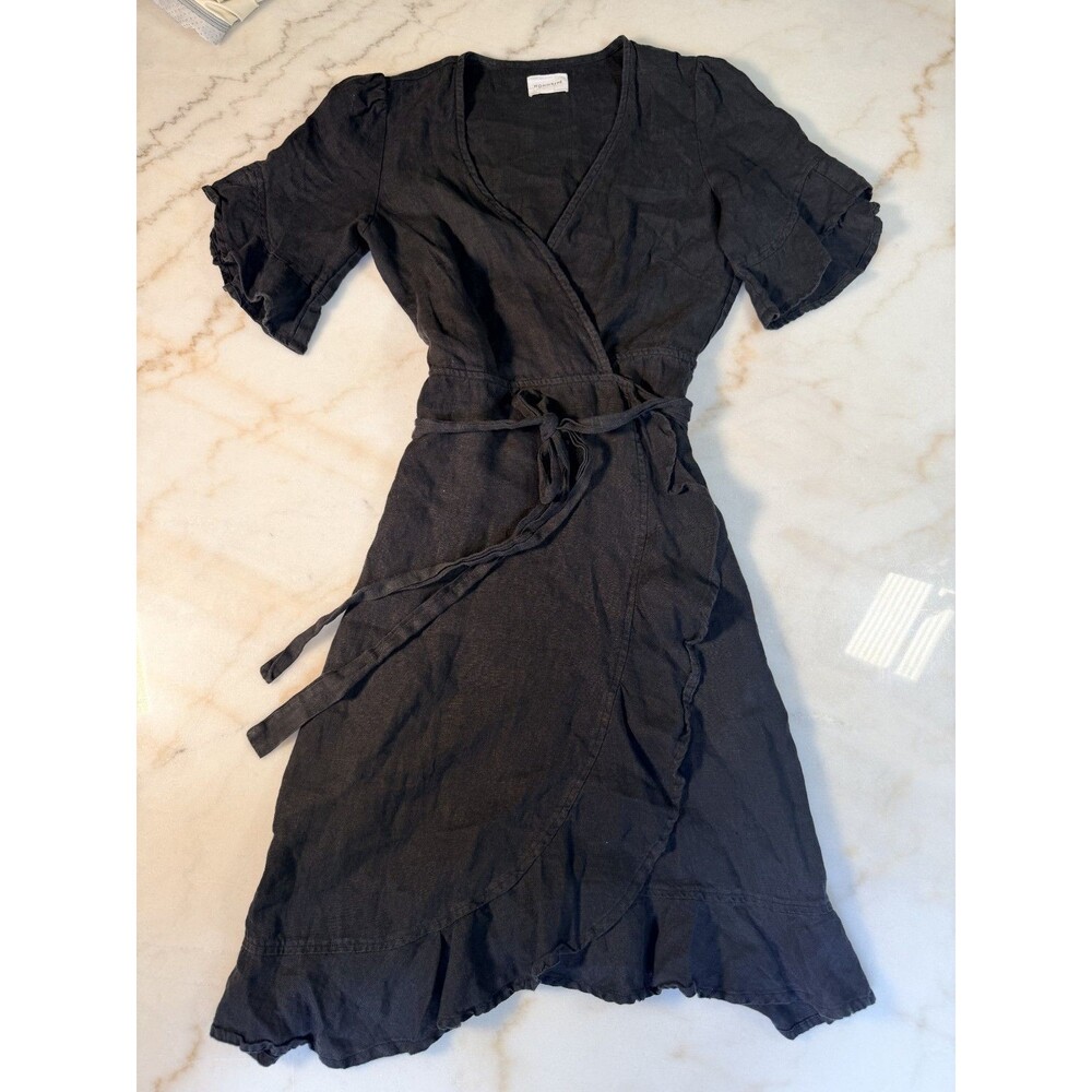 HONORINE | Black Charlotte Ruffle 100% LINEN Wrap Midi Dress • SZ SMALL